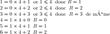 1 = 0 \times 4 + 1 \;\text{ or } 1\le 4 \;\text{ donc } R = 1\\ 2 = 0 \times 4 + 2 \;\text{ or } 2\le 4 \;\text{ donc } \; R = 2\\ 3 = 0 \times 4 + 3 \; \text{ or } 3\le 4 \;\text{ donc } \; R = 3\; \text{ de même } \\ 4 = 1 \times 4 + 0 \; \; R = 0\\ 5 = 1 \times 4 + 1 \; \; R = 1\\ 6 = 1 \times 4 + 2 \; \; R = 2